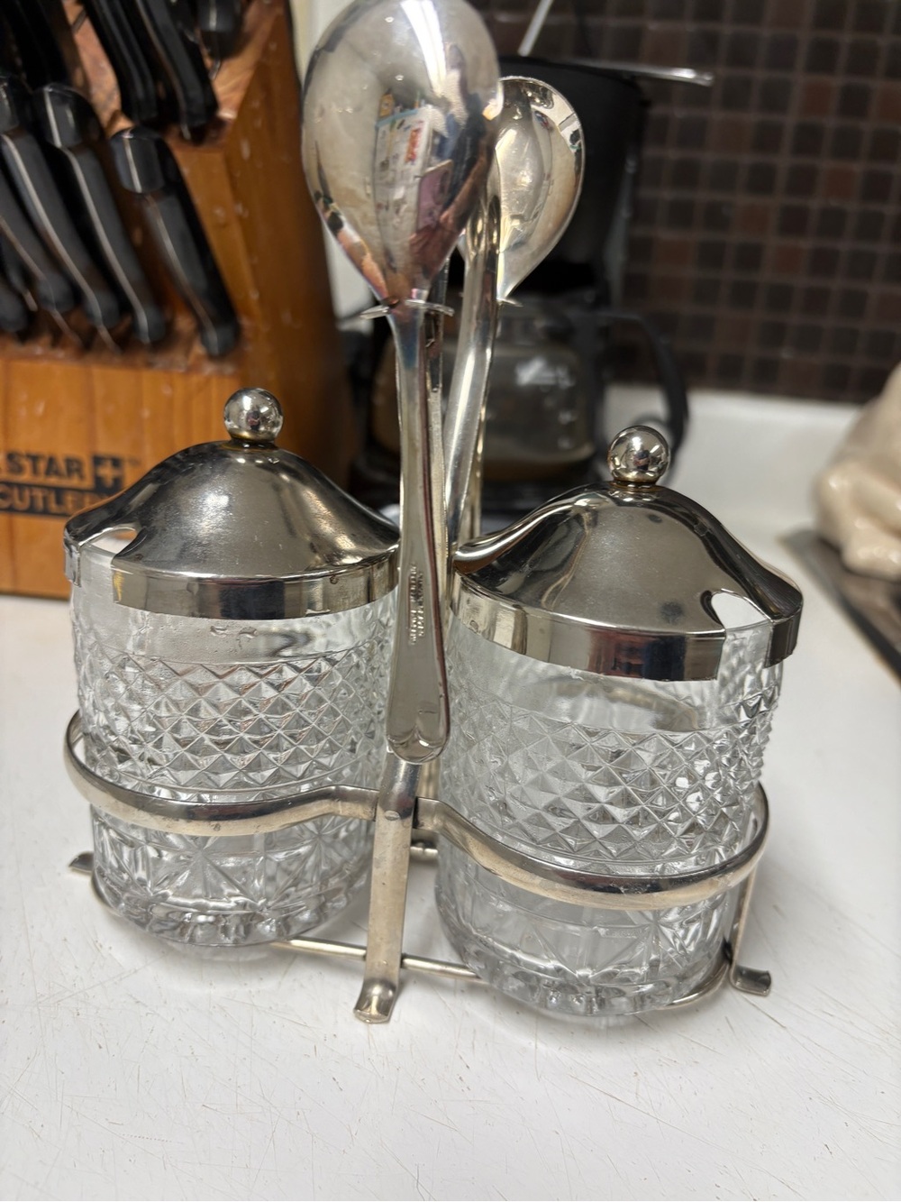 Vintage Sheffield Twin Condiment Jars and Spoon Rack with Caddy - Silver Plate